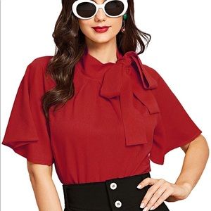 Red Short Sleeve Secretary’s Blouse / Pussy Bow Blouse